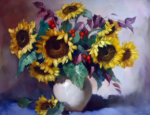 Helmuth Andreas Volkwein – Sunflowers And Red Berries In A Vase