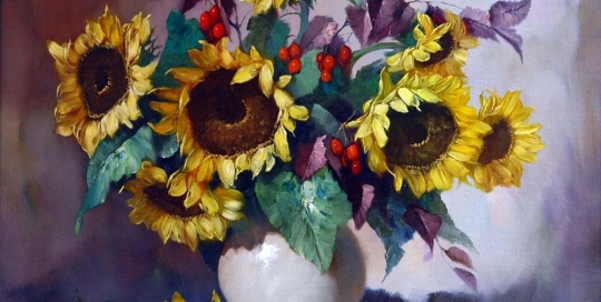 Helmuth Andreas Volkwein - Sunflowers And Red Berries In A Vase
