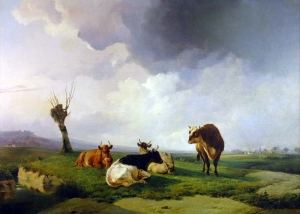 Thomas Sidney Cooper - A Bull And Three Cows In A Canterbury Meadow Near Fordwich